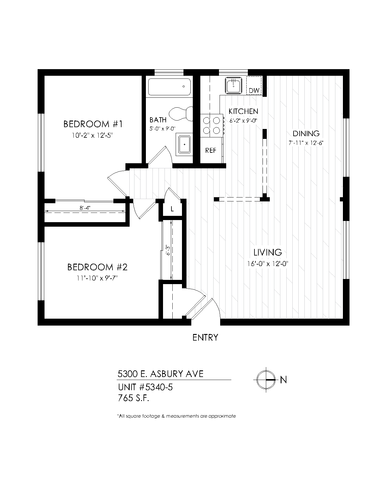 Floor plan for 2 beds, 1 bath, 730 sqft